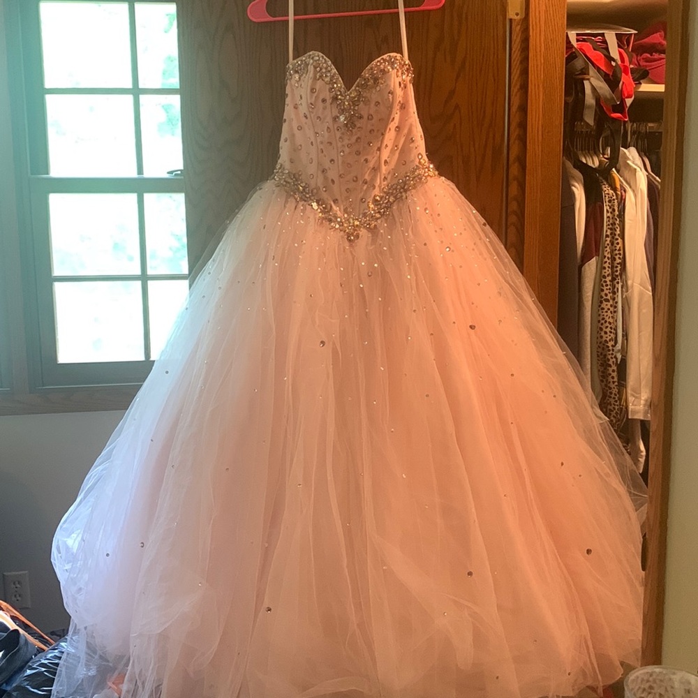 Pink ballroom prom dress with gold/pink/silver gems. Only worn once.